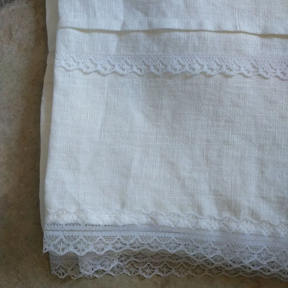 Vtg Panels Linen Curtains Ivory  Ecru Lace Tims Pair 50x30